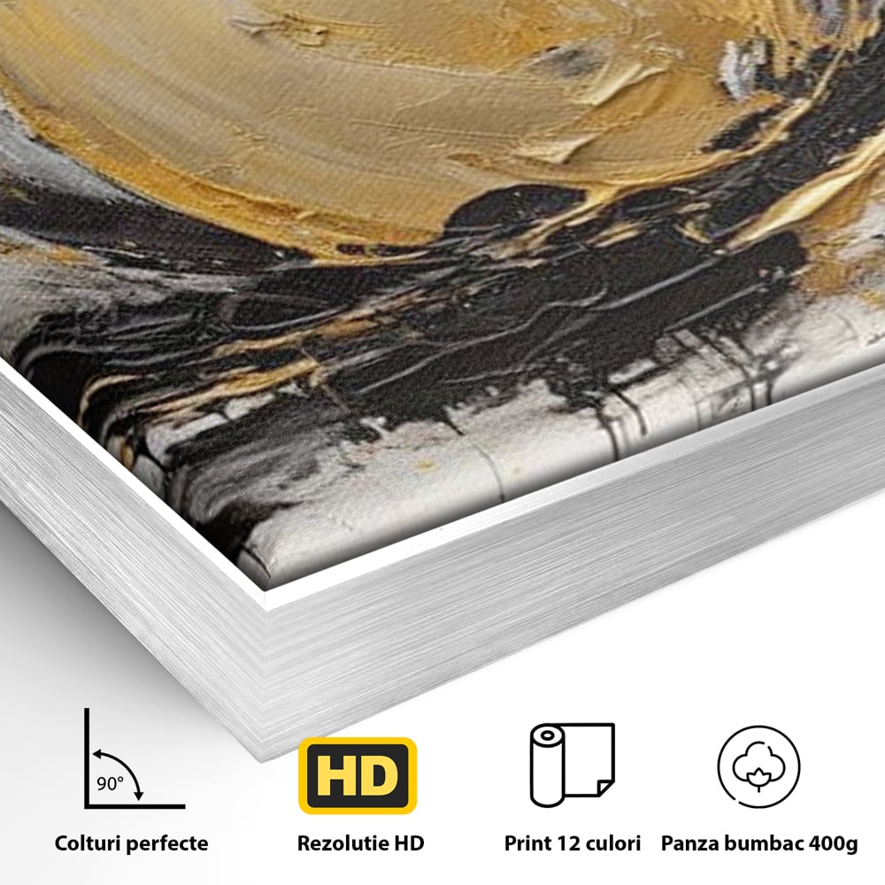 Detaliu al suprafetei: pictura abstracta cu un mar auriu, in rama de aluminiu argintiu